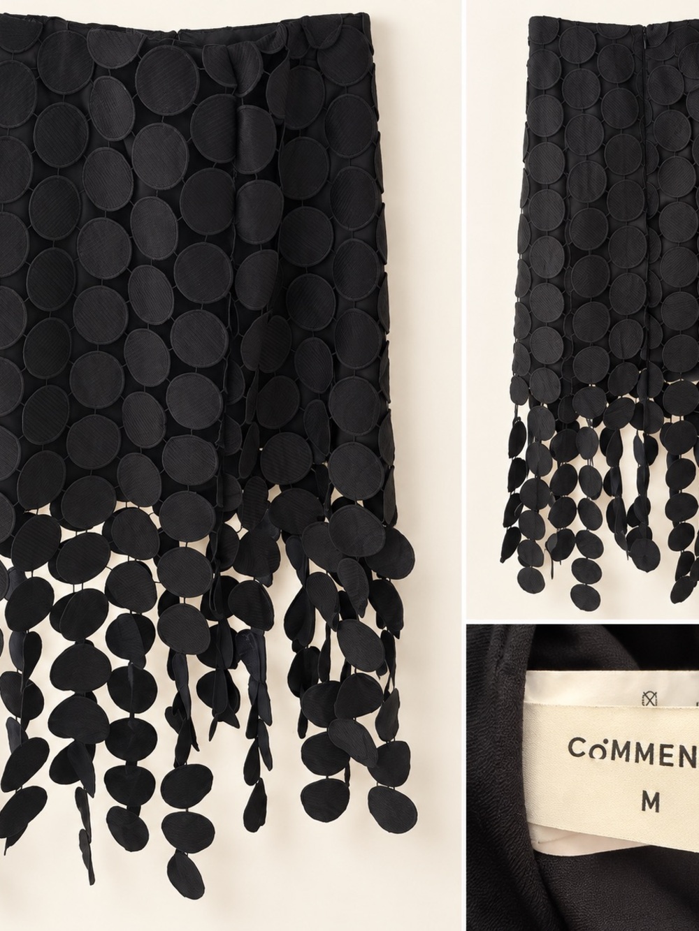 Commense Black Midi Skirt with Circular Appliqués and Fringe